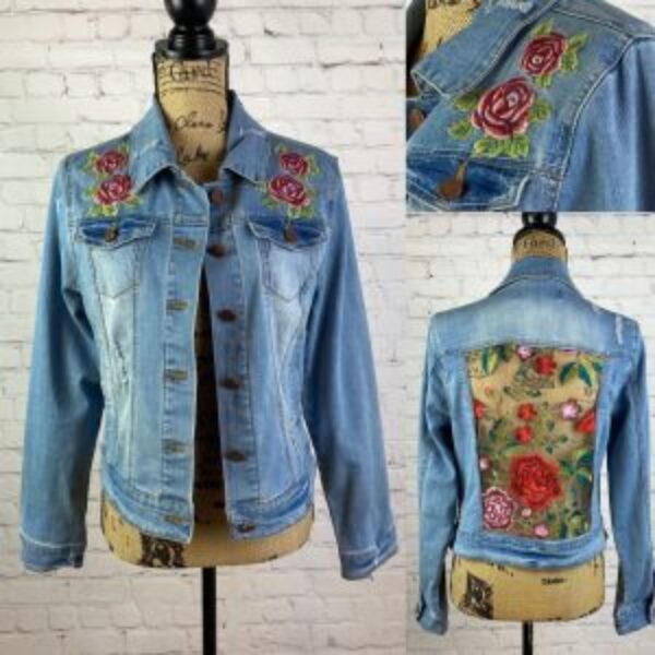 Upcycled Distressed Sheer Embroidered Back Jean Jacket