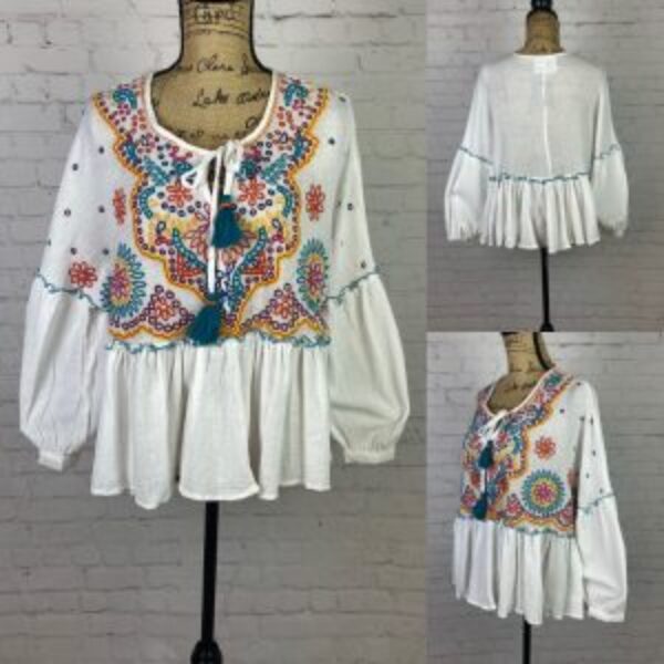 Peace & Love Oversized Embroidered Babydoll Lantern Sleeve Top