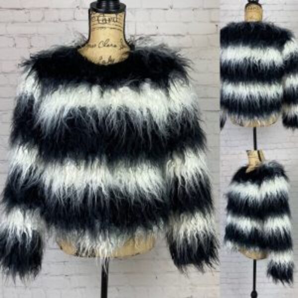 Loveriche Black/White Stripe Shaggy Faux Fur Jacket