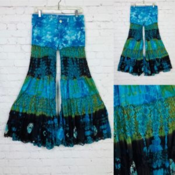 Upcycled Tie Dyed/Lace Multi Tier Mega Bell Bottom Jeans