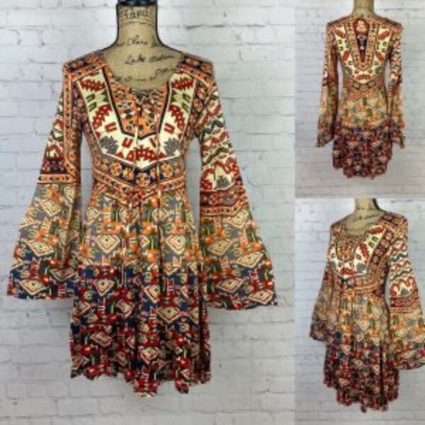 Altar’d State Boho Tribal Lace Up Bell Sleeve Dress