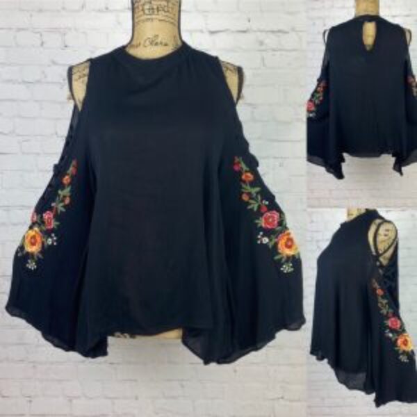 Umgee Crinkly Black Embroidered Strappy Cold Shoulder Top
