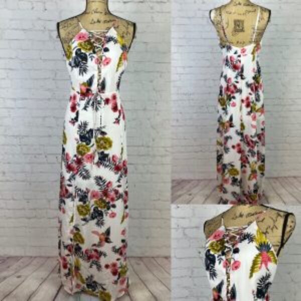 Hommage Crinkly Floral Print Lace Up Front Maxi
