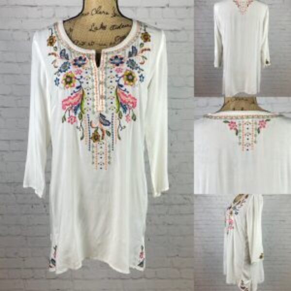 J.Jill White Floral Embroidered Front Button Tunic/Top