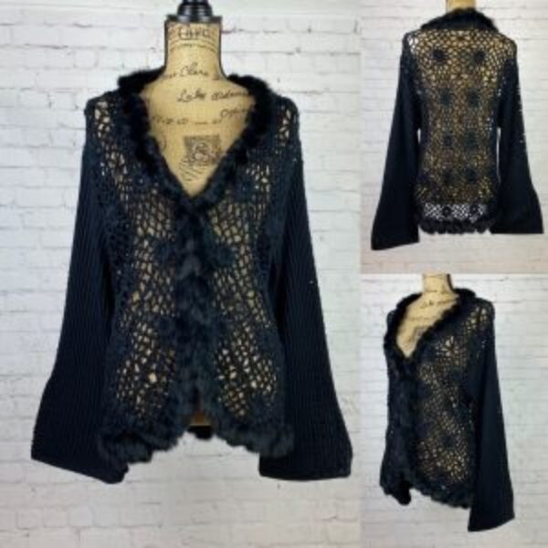 Ruby Cho Black Crochet Faux Fur Trim Cardigan