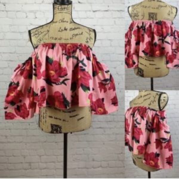 Shein Red Floral Strapless Attached Bell Sleeve Top