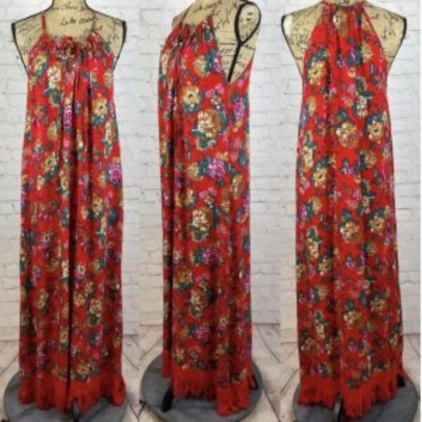 Easel Red Floral Crochet Trim Maxi