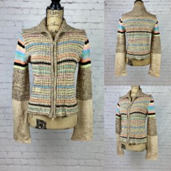 Snowflake Colorful Stripes Collared Zip Up Flared Sleeve Sweater