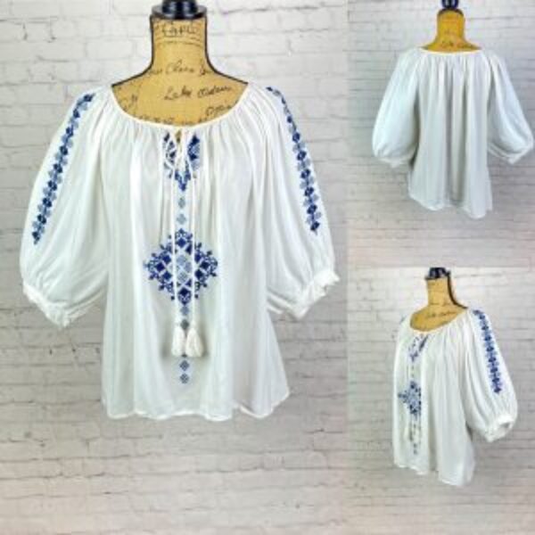 Chelsea & Theodore Peasant Style Embroidered Balloon Sleeve Top