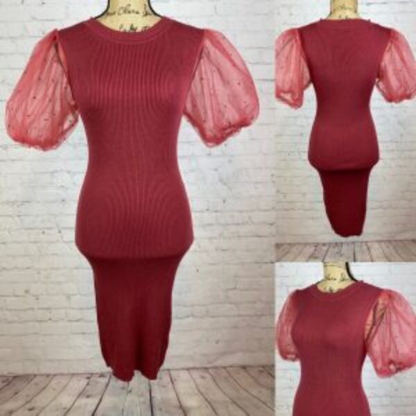 Haute Monde Rust Ribbed Knit Sheer Poof Sleeve Bodycon Dress