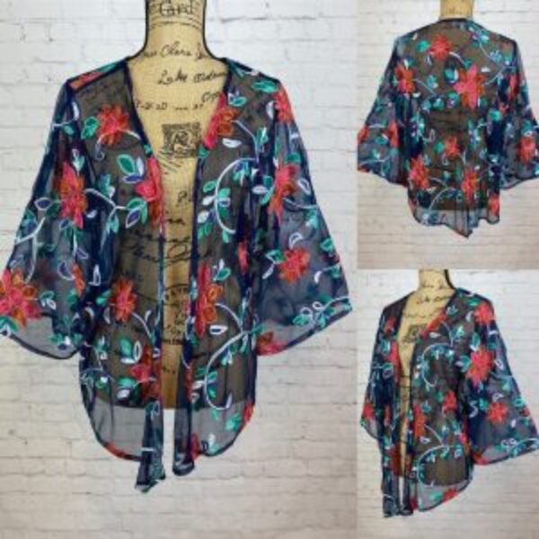 Chenault Purple Sheer Embroidered Open Front Kimono