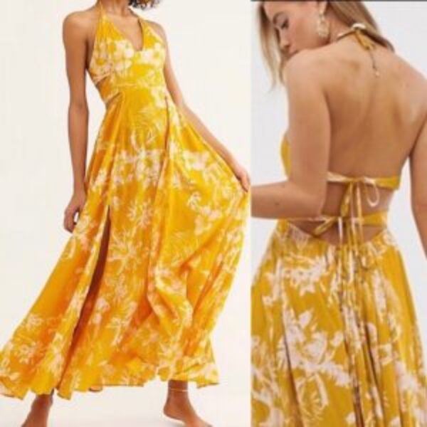 Free People Yellow Floral Open Back Maxi