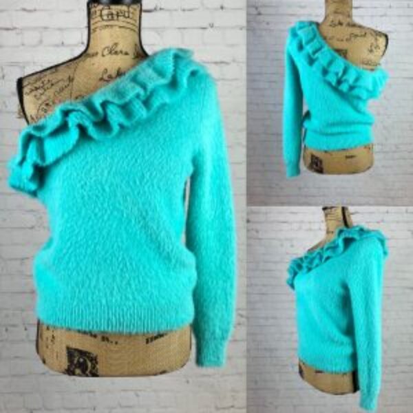 Do + Be Aqua Soft Fuzzy Ruffled One Shoulder Sweater