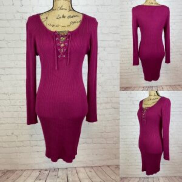 Hippie Rose Wine Ribbed Knit Lace Up Sweater Dress
