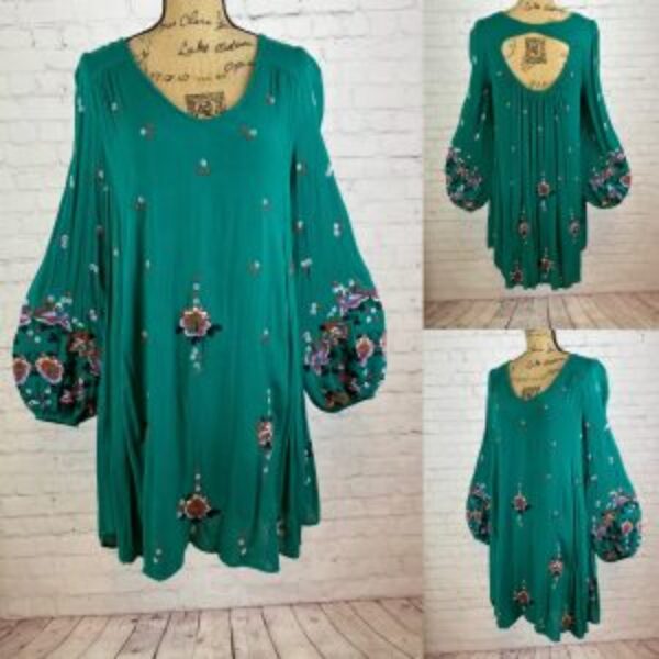 Free People Oversized Crinkly Embroidered Balloon Sleeve Dress