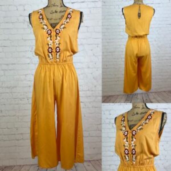 Rock & Roll Cowgirl Yellow Embroidered Wide Leg Jumpsuit