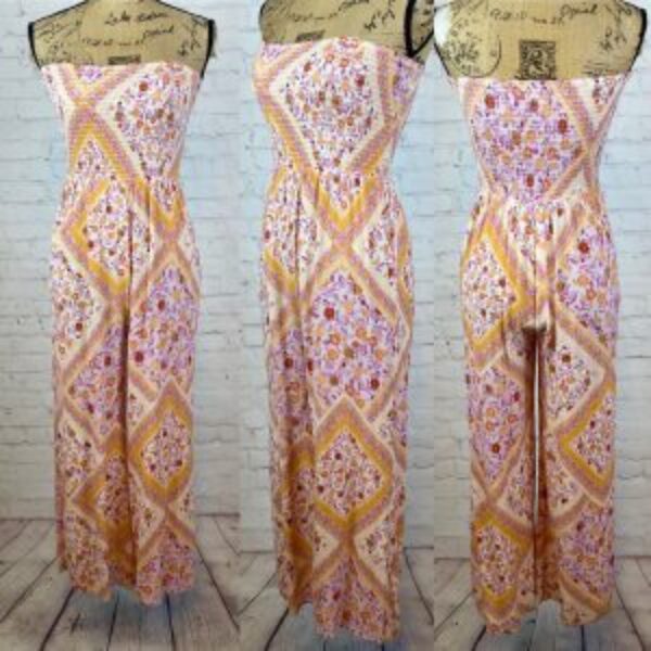 So Crinkly Patchwork Print Strapless Wide Leg Jumpsuit