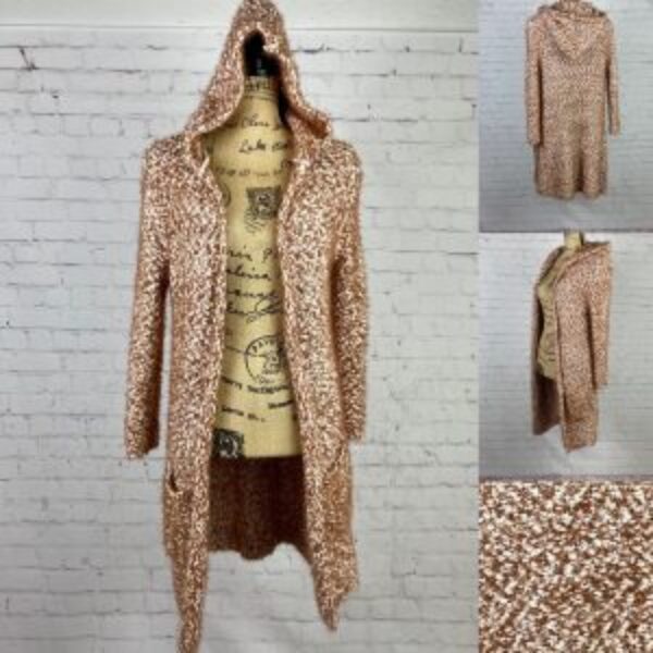 Poof Hooded Cinnamon/White Popcorn Open Front Cardigan