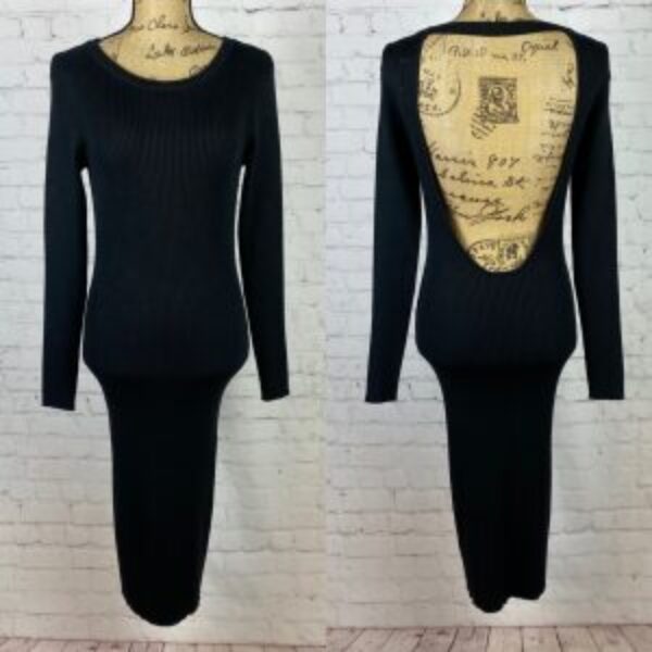 Dreamers by Debut Black Ribbed Knit Open Back Bodycon Dress