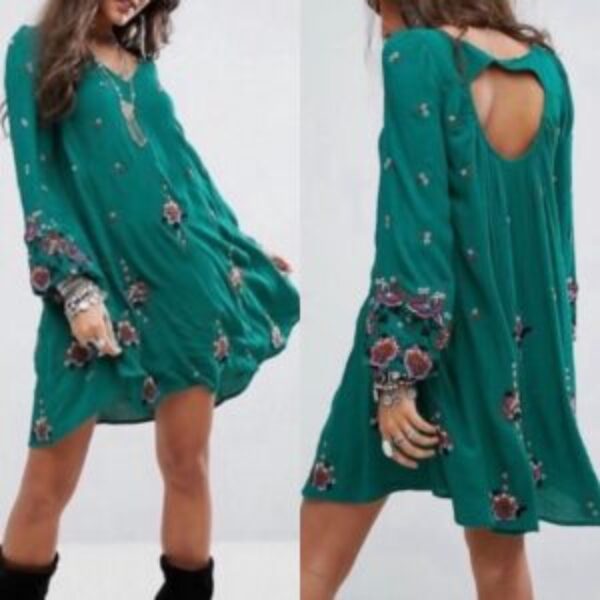 Free People Oversized Crinkly Embroidered Balloon Sleeve Dress