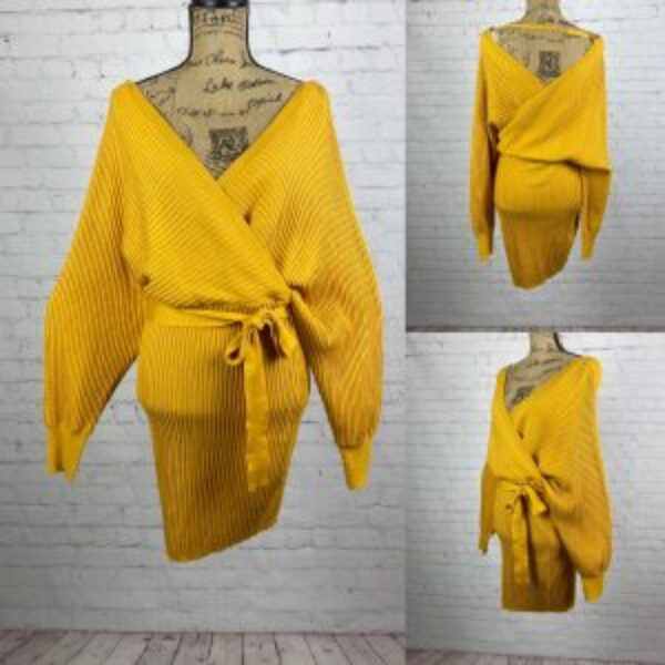 Love tree Mustard Ribbed Knit Belted Batwing Sleeve Sweater Dress