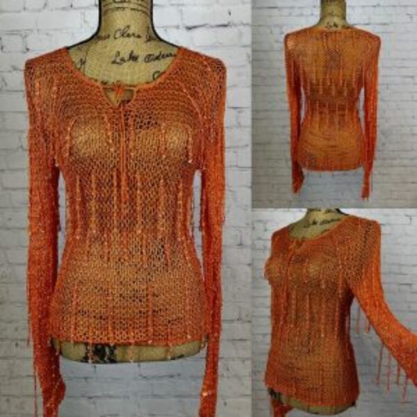Angels Orange Crochet Long Sleeve Iridescent Beaded Fringe Top