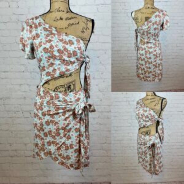 Listicle Floral Print One Shoulder Ties Faux Wrap Skirt Dress