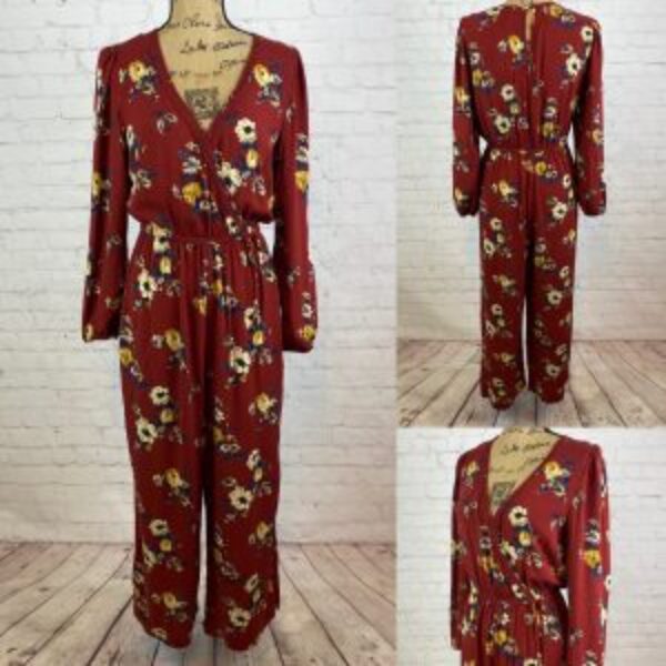 Xhilaration Burgandy Floral Print Cross Front Wide Leg Jumpsuit