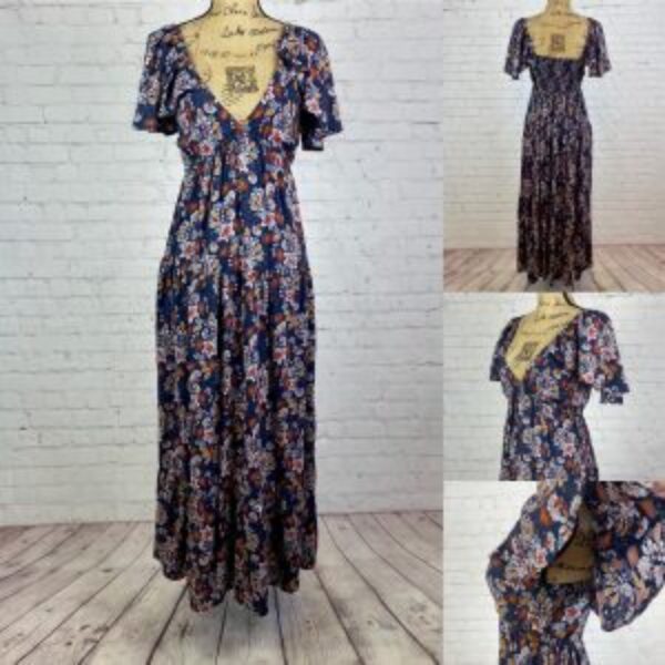 Angie Blue Floral Boho Print Multi Tiered Maxi