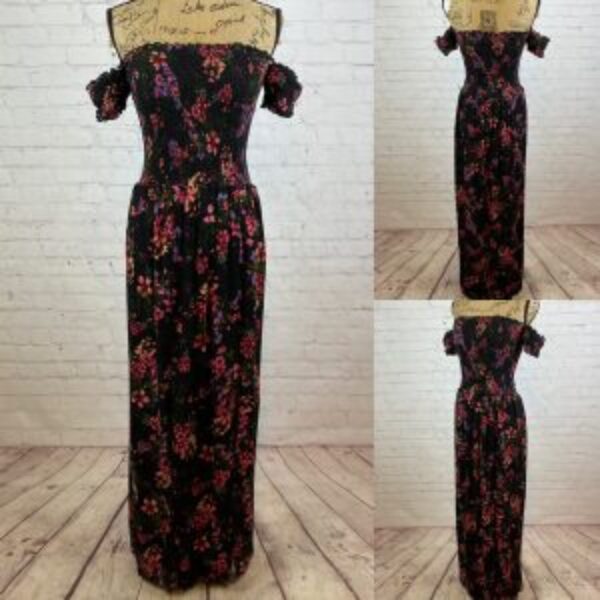 Altar’d State Black Floral Print Strapless Attached Sleeves Maxi