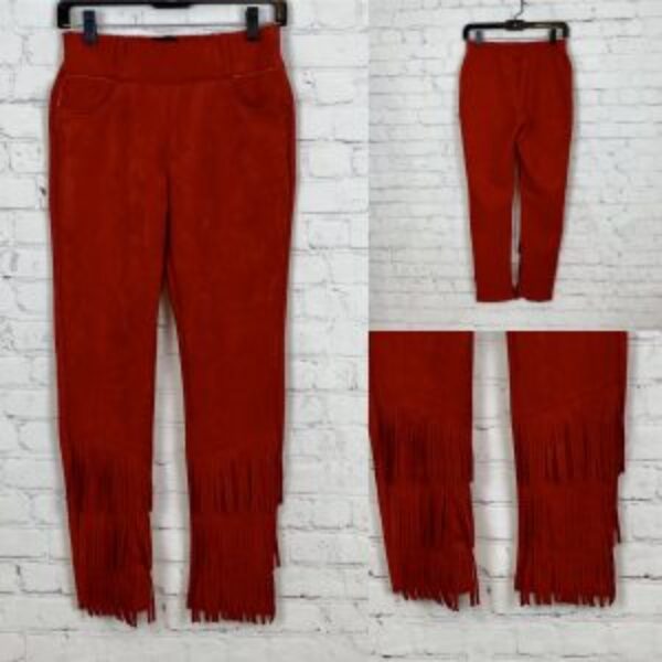 Crazy Train Red Vegan Suede Stretchy Fringed Jeggings