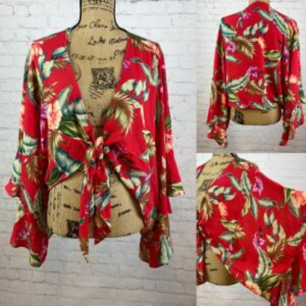 Forever 21 Tropical Floral Print Front Ties Kimono Sleeve Top