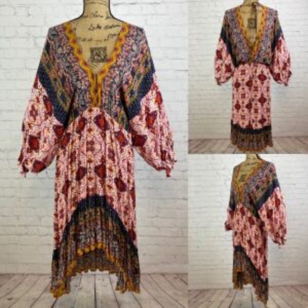 Umgee Crinkly Boho Print Plunge Front Batwing Sleeve High Lo Dress