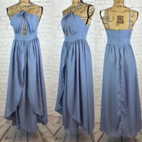 Dusty Blue Bandeau Twist Bodice Split Front Maxi