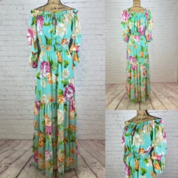 Jealous Tomato Green Floral On/Off Shoulder Multi Tier Maxi