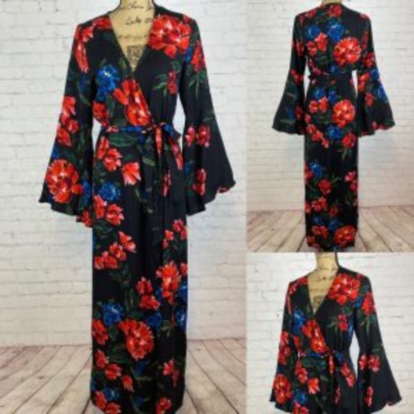Olivaceous Black Floral Front Wrap Bell Sleeve Maxi