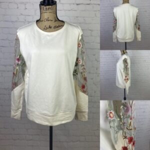 Giuliano Cream Color Sheer Embroidered Sleeve Sweatshirt