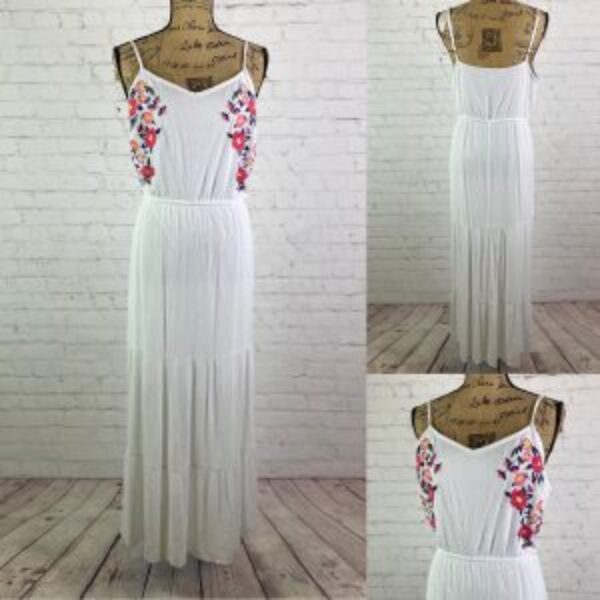Kelly Renee White Crinkly Embroidered Multi Tier Maxi