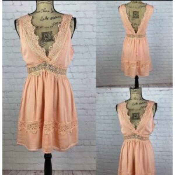 Apricot Color V Neck Lace Cutouts Dress