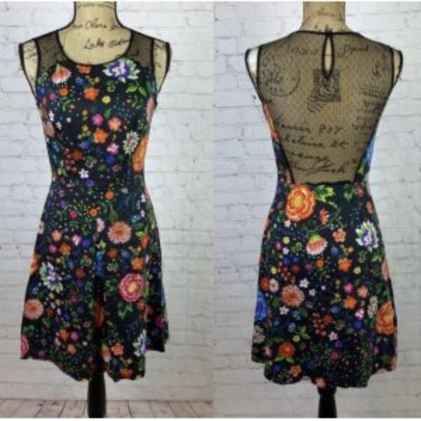Naf Naf Floral Print Sheer Back Pleated Skirt Dress