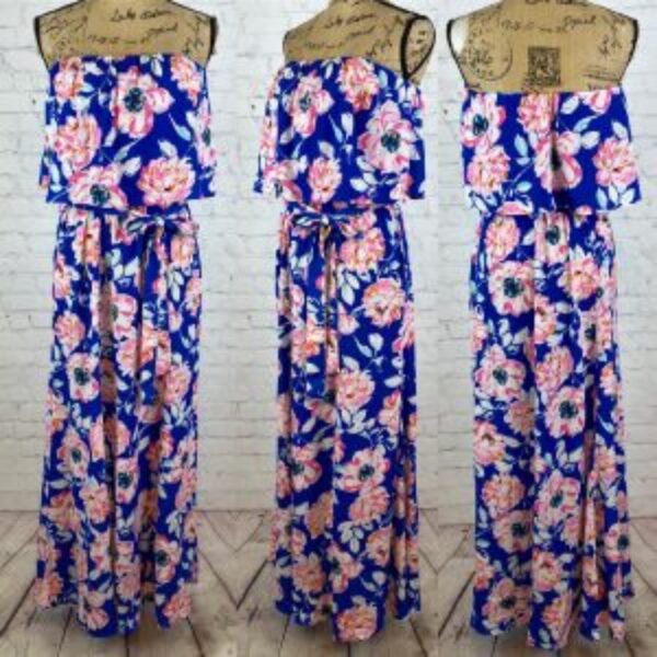 Vici Floral Print Ruffled Strapless Matching Belt Maxi