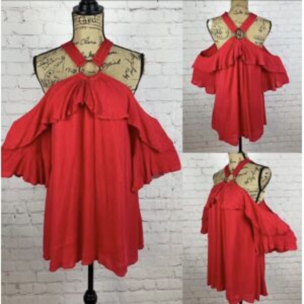 Entro Red Crinkly Cold Shoulder Ruffled Bell Sleeve Dress/Tunic