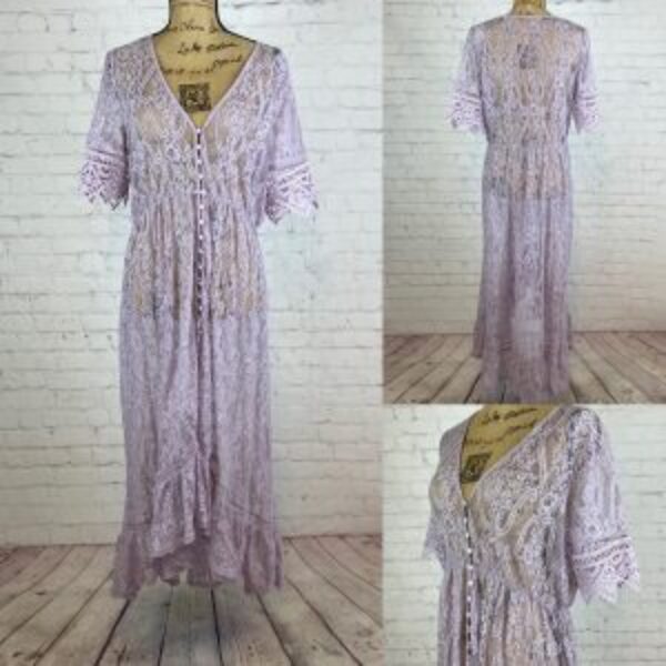 Lilac Blooms Lace Button Front Ruffled High Lo Maxi
