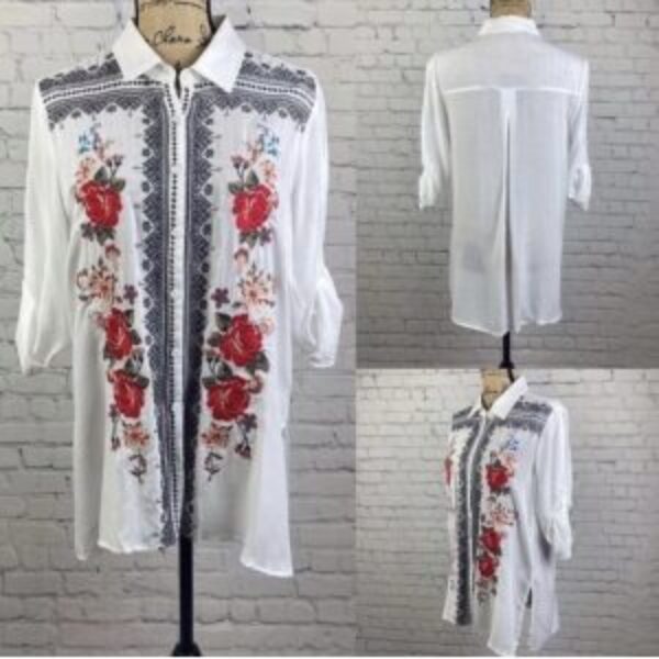 Andree Embroidered White Button Down Roll Tab Sleeve Shirt