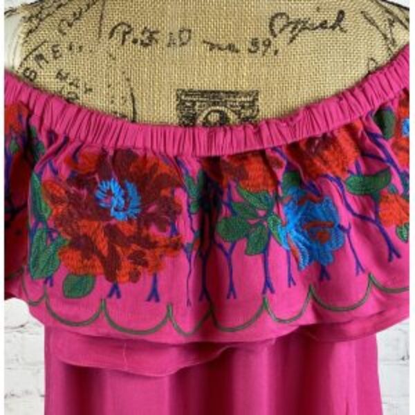Umgee Hot Pink On/Off Shoulder Embroidered Ruffled Dress
