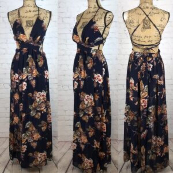 Miss Avenue Navy Blue Floral Plunge Front Strappy Open Back Maxi