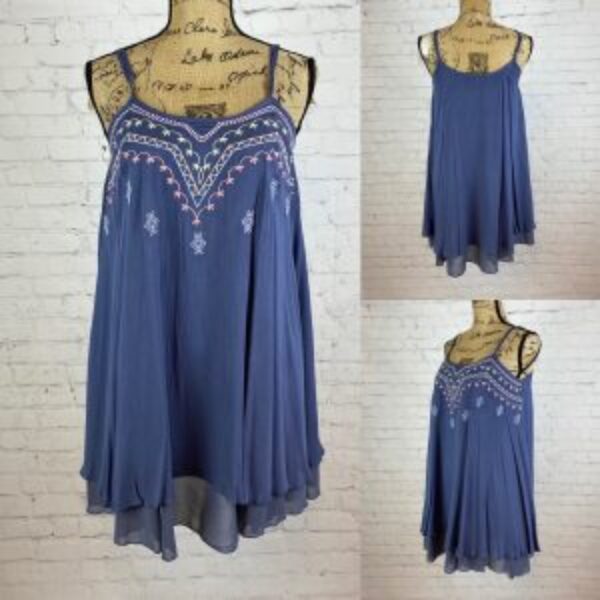 Umgee Periwinkle Blue Crinkly Embroidered Flowy Slip Dress