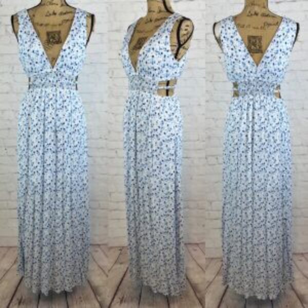 Crinkly Blue Floral Print Plunge Front Side Cutouts Maxi