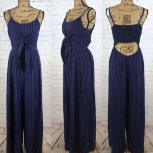 Flying Tomato Navy Blue Pinstripe Front Tie Wide Leg Jumpsuit