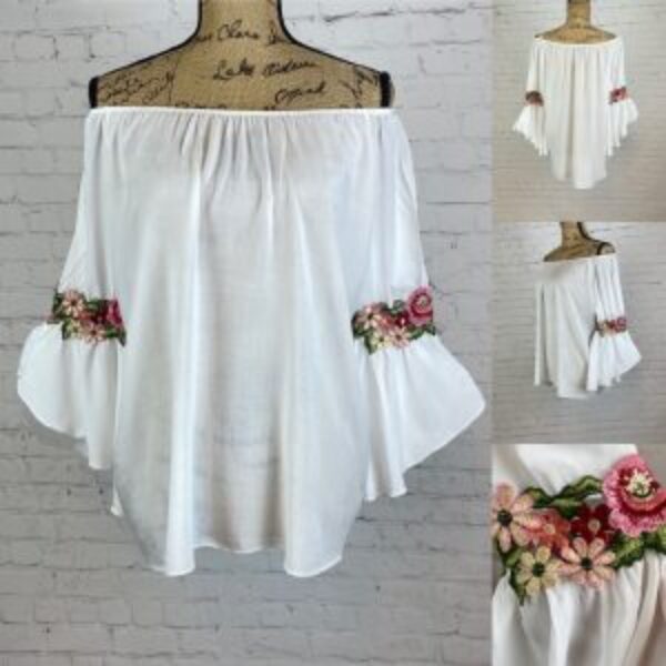 New Collection White On/Off Shoulder Applique’ Bell Sleeve Top